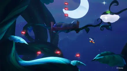 A vibrant 4K Ultra HD background from Disney Epic Mickey: Rebrushed, featuring Mickey Mouse navigating a whimsical, starry landscape with glowing elements and lush foliage.