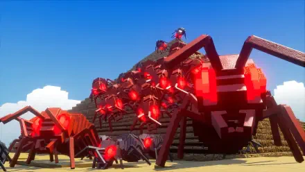 A vibrant HD wallpaper from Earth Defense Force: World Brothers 2, featuring a swarm of menacing red-eyed spiders against a blue sky and a pyramid backdrop.