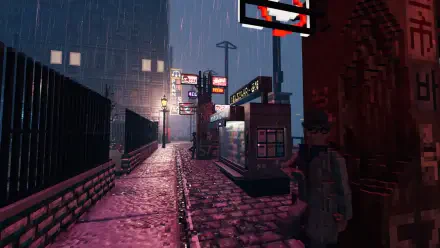 A moody, rain-soaked street scene from the video game Shadows of Doubt, featuring vibrant neon signs and cobblestone pathways, creating an immersive urban atmosphere.