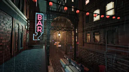 A moody, atmospheric scene from the video game **Shadows of Doubt**, featuring a rain-soaked alleyway lit by neon signs and lanterns, showcased in stunning 4K Ultra HD.