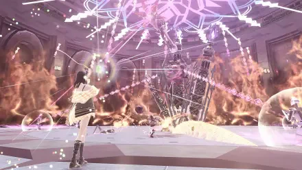 A stunning HD wallpaper showcasing a dramatic scene from the video game Reynatis, featuring a character amidst vibrant explosions and mystical visuals.