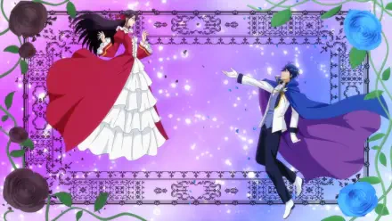 HD anime desktop wallpaper featuring Alicia Williams and Duke Seeker from I’ll Become a Villainess Who Goes Down in History, set against a sparkling purple background with floral accents.