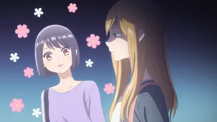 Anime characters from My Love Story With Yamada-kun at Lv999 stand against a colorful background adorned with flowers, creating an inviting HD desktop wallpaper.