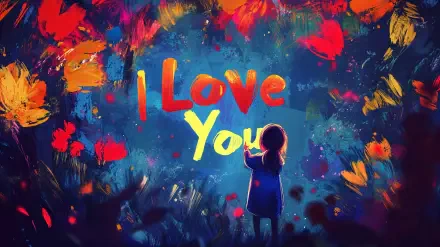 A colorful, artistic depiction of a child standing in front of the words I Love You, surrounded by vibrant hearts and flowers, creating a joyful atmosphere. 4K Ultra HD wallpaper.