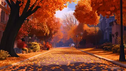 A serene autumn scene featuring vibrant orange and golden leaves blanketing a quiet street, framed by colorful trees, capturing the essence of fall weather in stunning 4K Ultra HD.