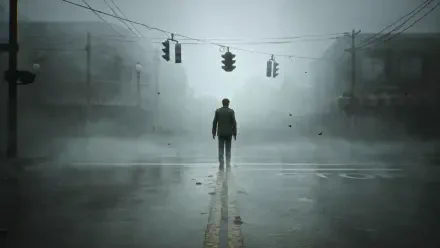 A haunting HD wallpaper from Silent Hill 2, featuring a lone figure standing in a foggy street, under traffic lights, evoking a sense of eerie isolation.