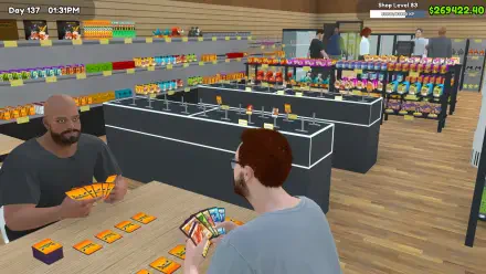 A vibrant scene from TCG Card Shop Simulator, featuring two characters at a card table, surrounded by colorful shelves filled with game supplies in a virtual shop setting.
