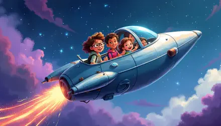 A vibrant 4K Ultra HD PC desktop wallpaper featuring four children joyfully flying in a sleek rocket ship through a starry sky, with colorful clouds surrounding them.