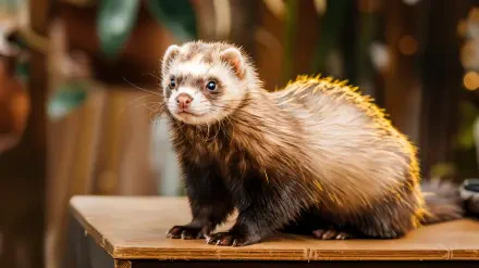 A close-up of a ferret with a fluffy coat, standing on a wooden surface, captured in a vibrant 4K Ultra HD style, showcasing its curious expression and playful demeanor.