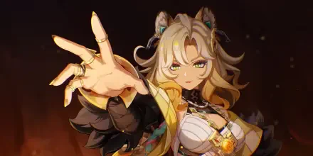 HD PC desktop wallpaper of Xilonen from the video game Genshin Impact, showcasing the character with an intense expression and outstretched hand.