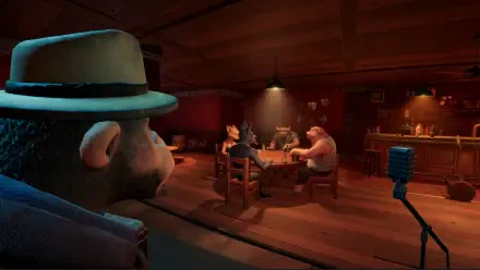 A stylized scene from the video game Liars Bar, featuring anthropomorphic characters gathered around a table in a cozy, dimly lit bar, captured in vibrant HD detail.