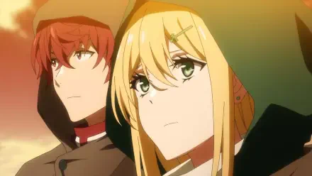 Anime scene from The Most Notorious Talker Runs the World's Greatest Clan, featuring two characters in hoods gazing into the distance against a vibrant sunset background.