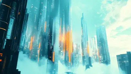 Futuristic cityscape with towering skyscrapers in blue tones, showcasing a digital landscape shrouded in mist, captured in 4K Ultra HD for a striking PC desktop wallpaper.