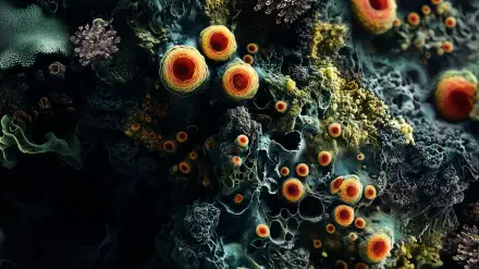 A vibrant, intricate depiction of microbial life, featuring detailed patterns and colorful structures, presented as a stunning 4K Ultra HD desktop wallpaper.