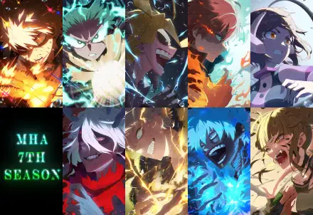 Vibrant 4K Ultra HD My Hero Academia wallpaper featuring intense action poses of key characters from the anime’s 7th season, capturing dynamic energy and vivid colors.