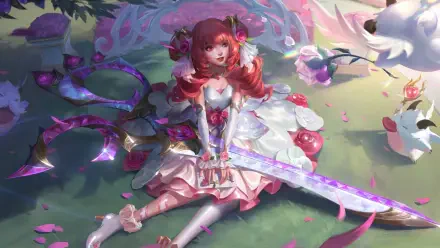 Gwen from League of Legends sits gracefully among flowers, wielding her vibrant sword in a colorful, 8K Ultra HD wallpaper showcasing a whimsical fantasy scene.