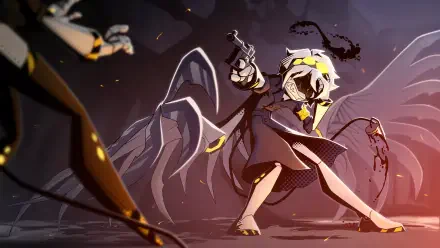 A dynamic scene from the TV show *Murder Drones*, featuring a character wielding a gun amidst an intense backdrop, rendered in vibrant 4K Ultra HD quality.