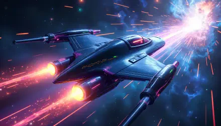 A spaceship speeding through a galaxy at warp speed, depicted in vibrant Sci-Fi style for a 4K Ultra HD PC desktop wallpaper and background.