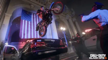 A dynamic scene from Call of Duty: Black Ops 6 featuring a character performing a motorcycle stunt above a police car, set against a backdrop of American flags in a vibrant 4K Ultra HD resolution.
