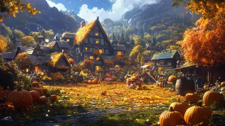 4K Ultra HD landscape of an autumn harvest festival with pumpkins scattered around rustic cottages nestled in a vibrant fall countryside setting.