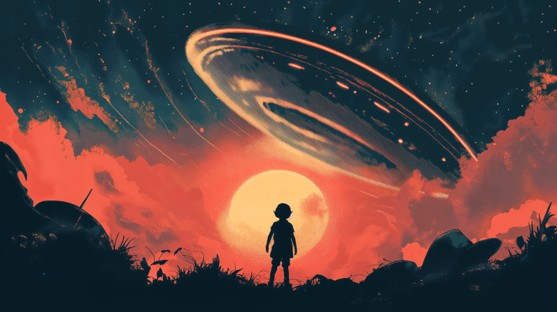{{ A silhouetted child stands against a vibrant sunset, gazing at a hovering UFO in a colorful sky. This sci-fi scene makes an immersive 4K Ultra HD desktop wallpaper. 