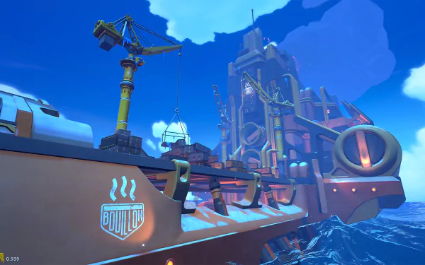 HD desktop wallpaper for the video game RAWMEN: Food Fighter Arena, featuring a vibrant, colorful scene of a futuristic dock with cranes and machinery against a bright blue sky backdrop.