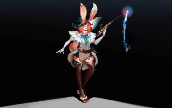 A striking HD desktop wallpaper featuring Aurora from League of Legends, showcasing her enchanting pose, whimsical attire, and a magical staff against a dark background.