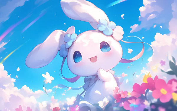 A charming Cinnamoroll character from Sanrio is joyfully surrounded by colorful flowers and a bright blue sky, creating a whimsical anime-inspired desktop wallpaper.