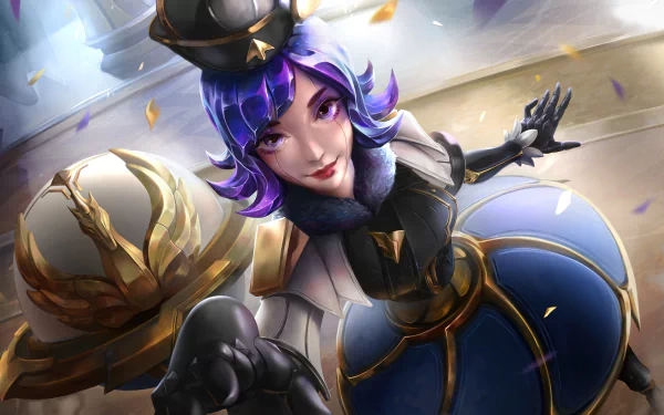 A vibrant HD wallpaper featuring Orianna from League of Legends, showcasing her elegant design and captivating pose against a dynamic background filled with floating particles.