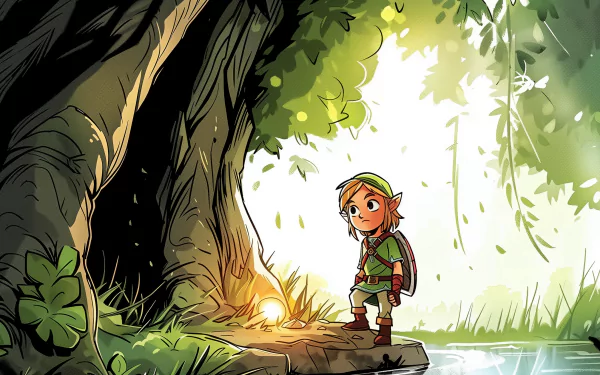 HD desktop wallpaper featuring Link from The Legend of Zelda in a vibrant cartoon style, showcasing the iconic video game hero in an adventurous setting.