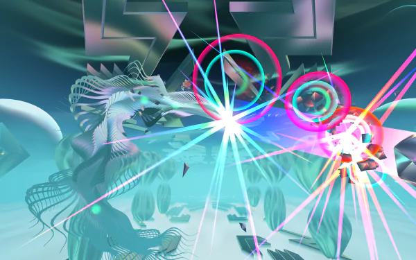 A vibrant HD desktop wallpaper from the video game Thrasher (2024), featuring dynamic light bursts and intricate designs that create a captivating, immersive experience.