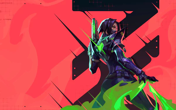 4K Ultra HD Valorant PC desktop wallpaper featuring a futuristic character in neon green and black armor against a bold red background with abstract black elements.