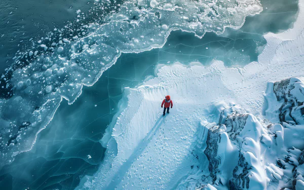 A breathtaking aerial view of a frozen lake surrounded by snow, with a person in a red jacket standing on the icy shore, capturing the serene beauty of winter.