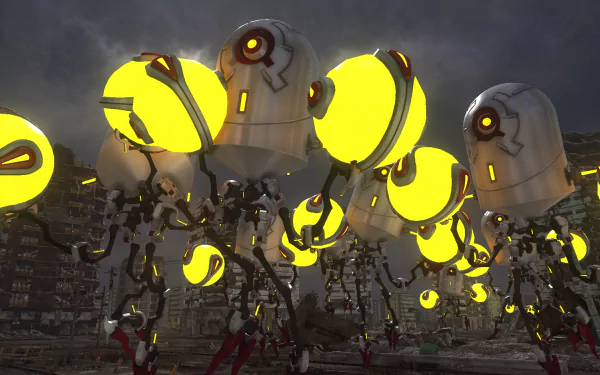 HD wallpaper showcasing a scene from Earth Defense Force 6, featuring robotic creatures with glowing yellow orbs against a dramatic, urban backdrop.