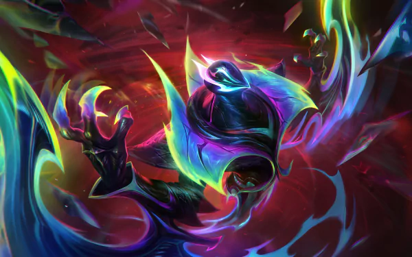 Vibrant HD wallpaper featuring Nocturne from League of Legends, showcasing his dark, mystical form amidst a swirl of colorful, dynamic energy effects.