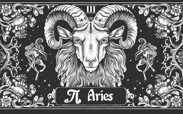 Black and white HD wallpaper featuring an intricate design of a ram, symbolizing Aries in astrology, surrounded by floral elements and astrological motifs.