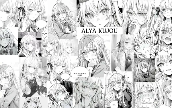 Black and white collage of Alya Kujou from Alya Sometimes Hides Her Feelings, featuring various expressive close-ups by Alisa Mikhailovna Kujou as a HD PC desktop wallpaper.