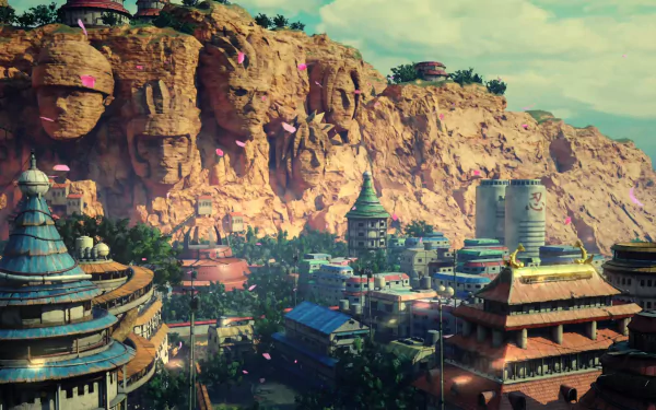 A vibrant HD wallpaper showcasing Konohagakure from Naruto, featuring lush greenery and distinctive architecture against a dramatic mountainous backdrop.