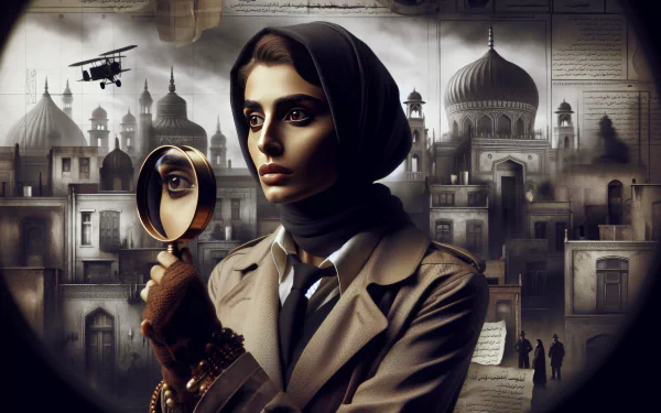 A detective with a magnifying glass gazes intently, surrounded by an urban backdrop featuring historic architecture and an airplane, creating a captivating HD desktop wallpaper.