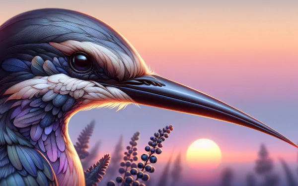 A vibrant HD desktop wallpaper featuring a close-up of a beautifully detailed bird against a stunning sunset backdrop, highlighting rich colors and intricate textures.