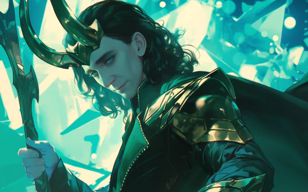 A striking HD wallpaper featuring Loki from Marvel Comics, portrayed by Tom Hiddleston, stands confidently with his iconic horns and a shimmering backdrop.