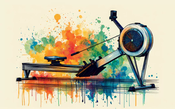 A vibrant artistic depiction of a rowing machine, surrounded by colorful splashes, serving as an HD desktop wallpaper and background for fitness enthusiasts.