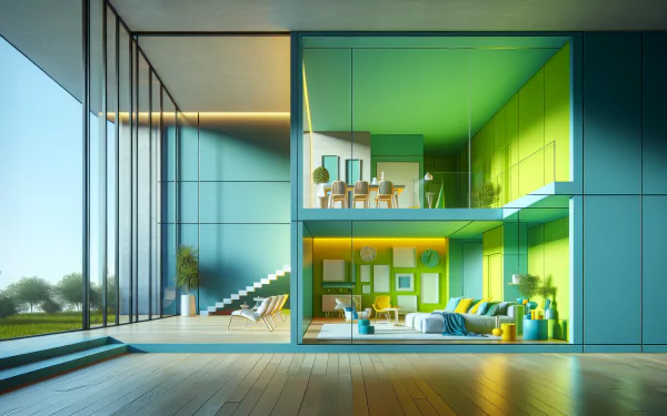 A stunning modern home featuring vibrant green and blue interiors. The spacious design showcases large windows and an airy atmosphere, making it an eye-catching HD wallpaper.