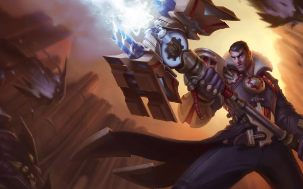 HD desktop wallpaper featuring Jayce from League of Legends: Wild Rift, ready for battle with his powerful weapon, set against a dramatic background.