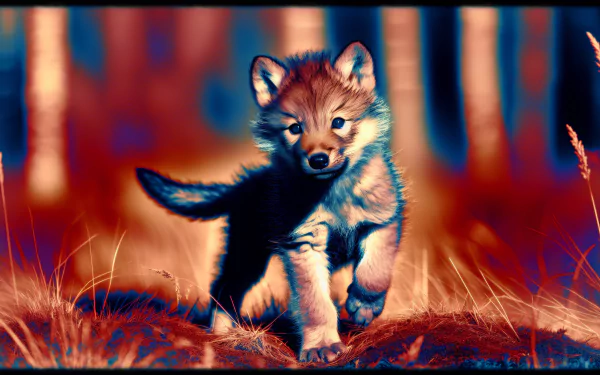 A vibrant HD desktop wallpaper featuring a playful wolf cub exploring its natural environment, surrounded by lush grass and blurred forest backdrop.