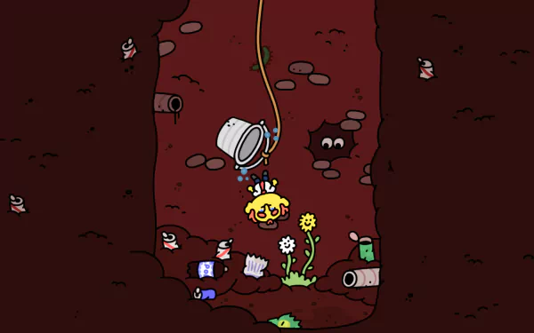 A high-definition desktop wallpaper featuring visuals from the video game Thank Goodness You're Here!, designed for an engaging background experience.