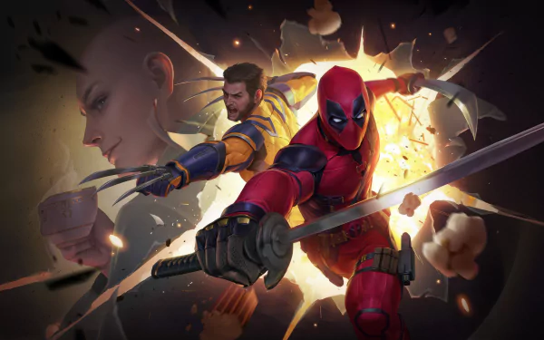 4K Ultra HD PC desktop wallpaper featuring Deadpool and Wolverine in dynamic action poses against an explosive background.