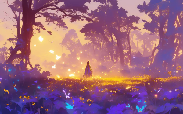 A magical forest scene featuring lush greenery and enchanting light, designed as a high-definition desktop wallpaper and background.