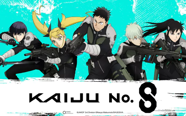 HD PC desktop wallpaper featuring five armed characters from the anime Kaiju No. 8, set against a vibrant turquoise background with the series logo below.