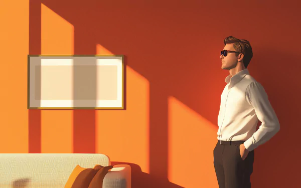 A preppy man stands confidently against a vibrant orange wall, wearing sunglasses and a stylish shirt, with sunlight casting dynamic shadows in this HD desktop wallpaper.